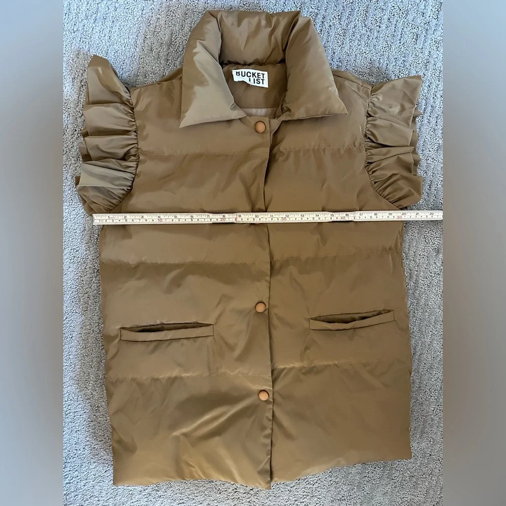 Bucket List Ruffle Sleeve Puffer Vest Gold Tan Quilted Statement Vest Sz S - Picture 12 of 12